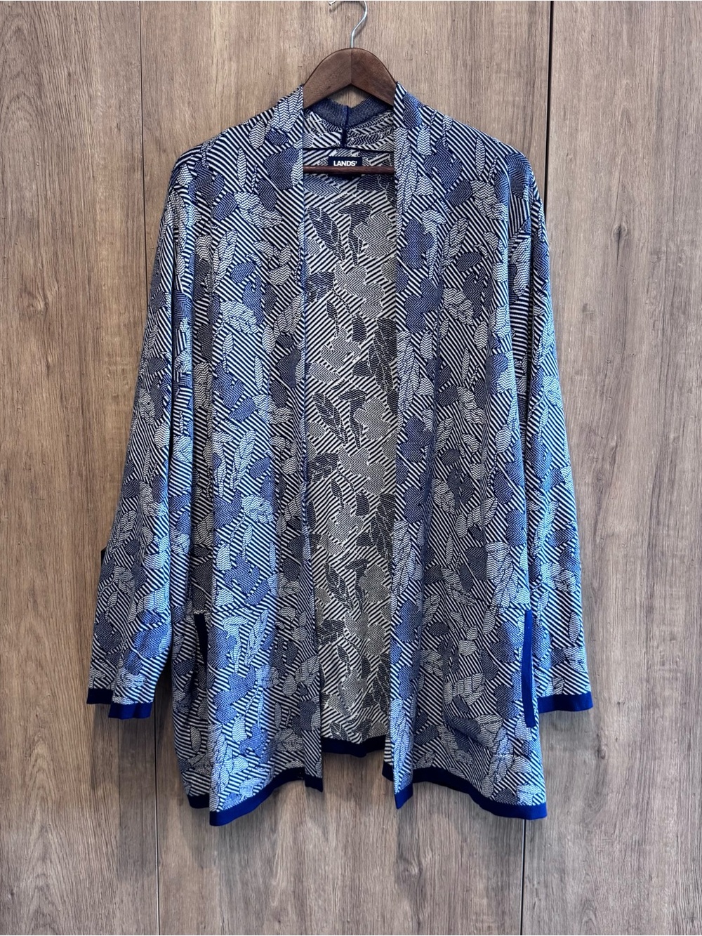 Lands' End Grandma Blue Gray Leaf Pattern Cozy Open Cardigan Pockets Coastal L